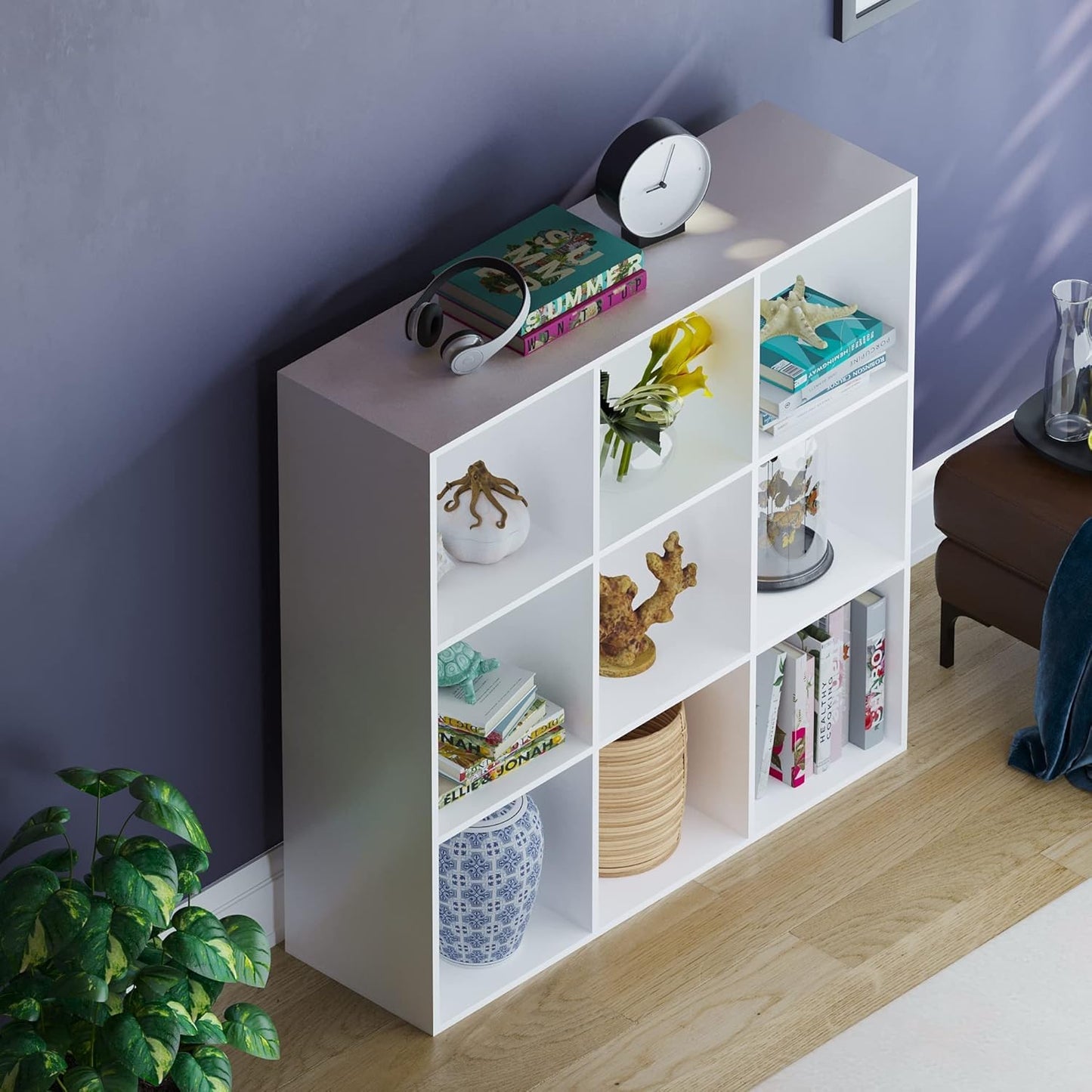 9-Cube Bookcase in White, Large Storage Organizer and Shelf for Living Room, Manufactured Wood Freestanding Unit for Home and Office, Versatile Display and Organization System