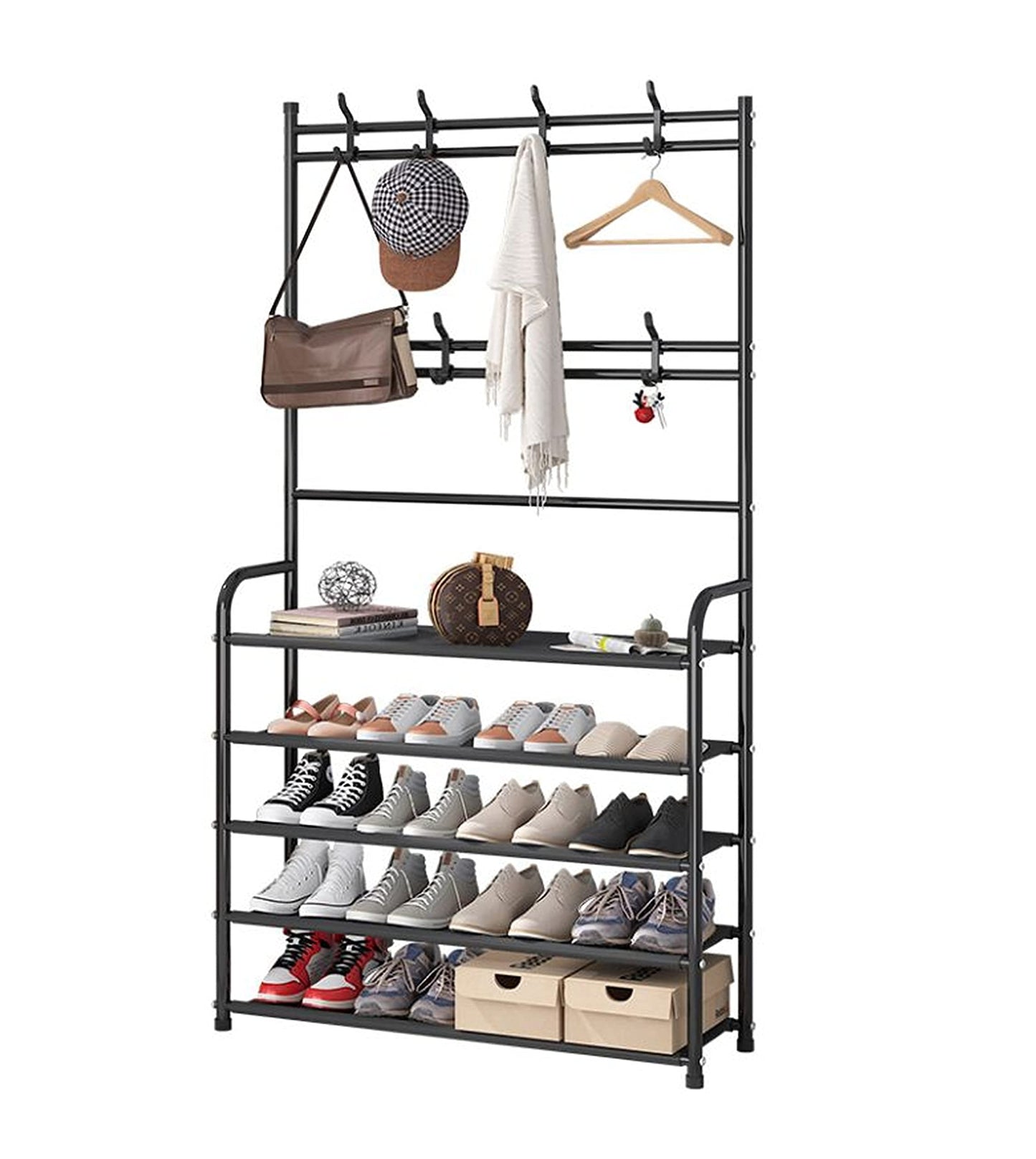 Lukzer multifunctional entryway coat rack 5 tier 3 in 1 hall tree shoe bench with keys hat umbrella stand storage shelves with 8 hooks hanger 5 bottom layer organizer (170 x 80 x 26 cm/black, metal)