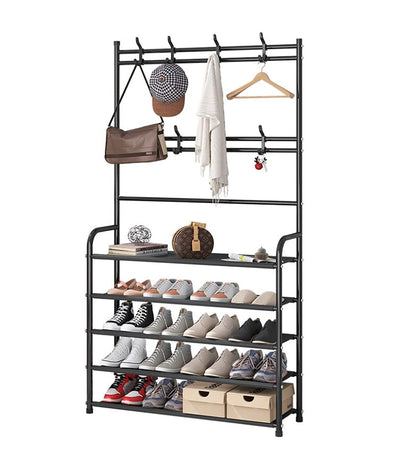 Lukzer multifunctional entryway coat rack 5 tier 3 in 1 hall tree shoe bench with keys hat umbrella stand storage shelves with 8 hooks hanger 5 bottom layer organizer (170 x 80 x 26 cm/black, metal)
