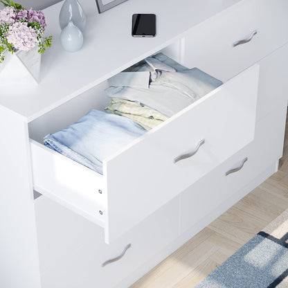 Wide Chest of 6 Drawers, Durable Manufactured Wood Bedroom Storage Unit with Smooth Sliding Drawers and Ample Space, Elegant Furniture in a Clean White Finish for Any Room