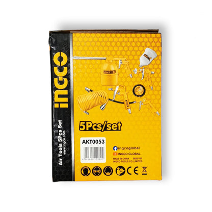 Ingco 5 pc air compressor tool set with 4 meter hose,spray gun,tire inflator,blow gun,and washing gun,yellow,akt0053