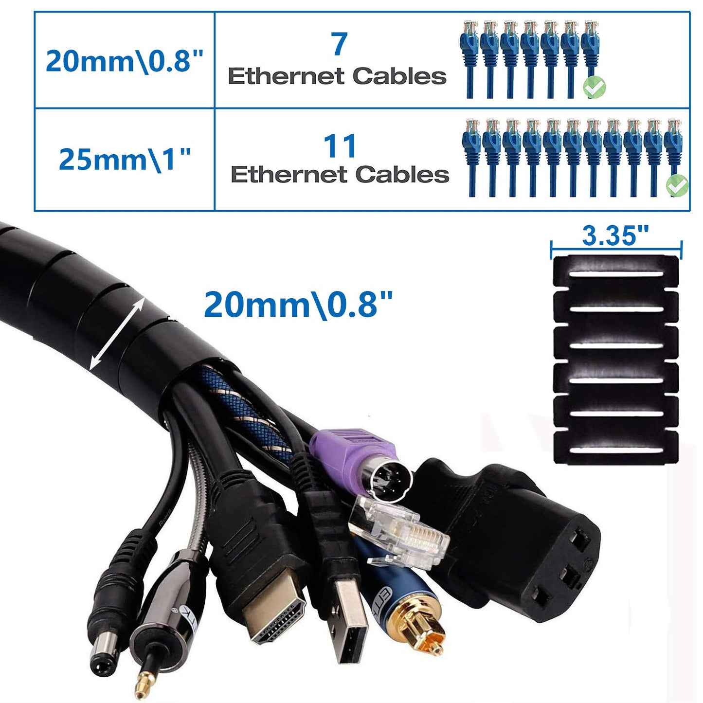 10FT Cable Management Sleeve Cord Bundler 0.8" Diameter w/Zip Clip Zipper Wire Wrap Cord Organizer Cable Tube Hider Flexible & Expandable Home & Office Wire Concealer for PC TV Computer Cinema