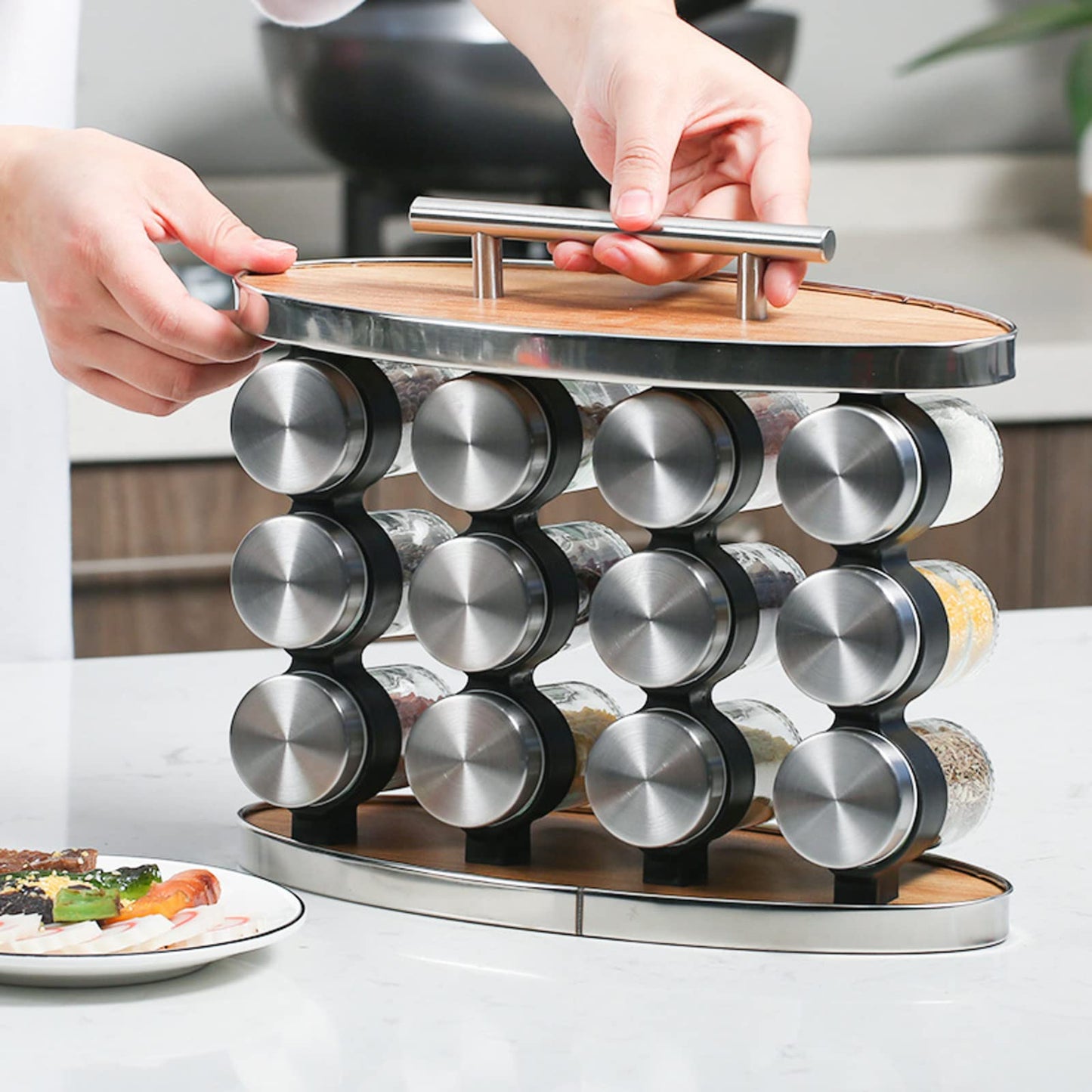 Spice Rack Set with 12 Spice Jars, 3 Tier Kitchen Spice Tower Organizer for Cabinet, Seasoning Spice Jars with Spice Labels for Countertop, Pantry, Cupboard, 9.5" H x 5" W x 11.5" L