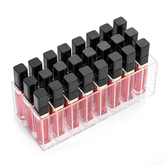 Clear Acrylic Lip Gloss and Lipstick Organizer, 24-Slot Makeup Display Holder for Lipgloss Tubes and Lipsticks, Ideal for Vanity, Bathroom or Beauty Counter Use, Transparent Stand