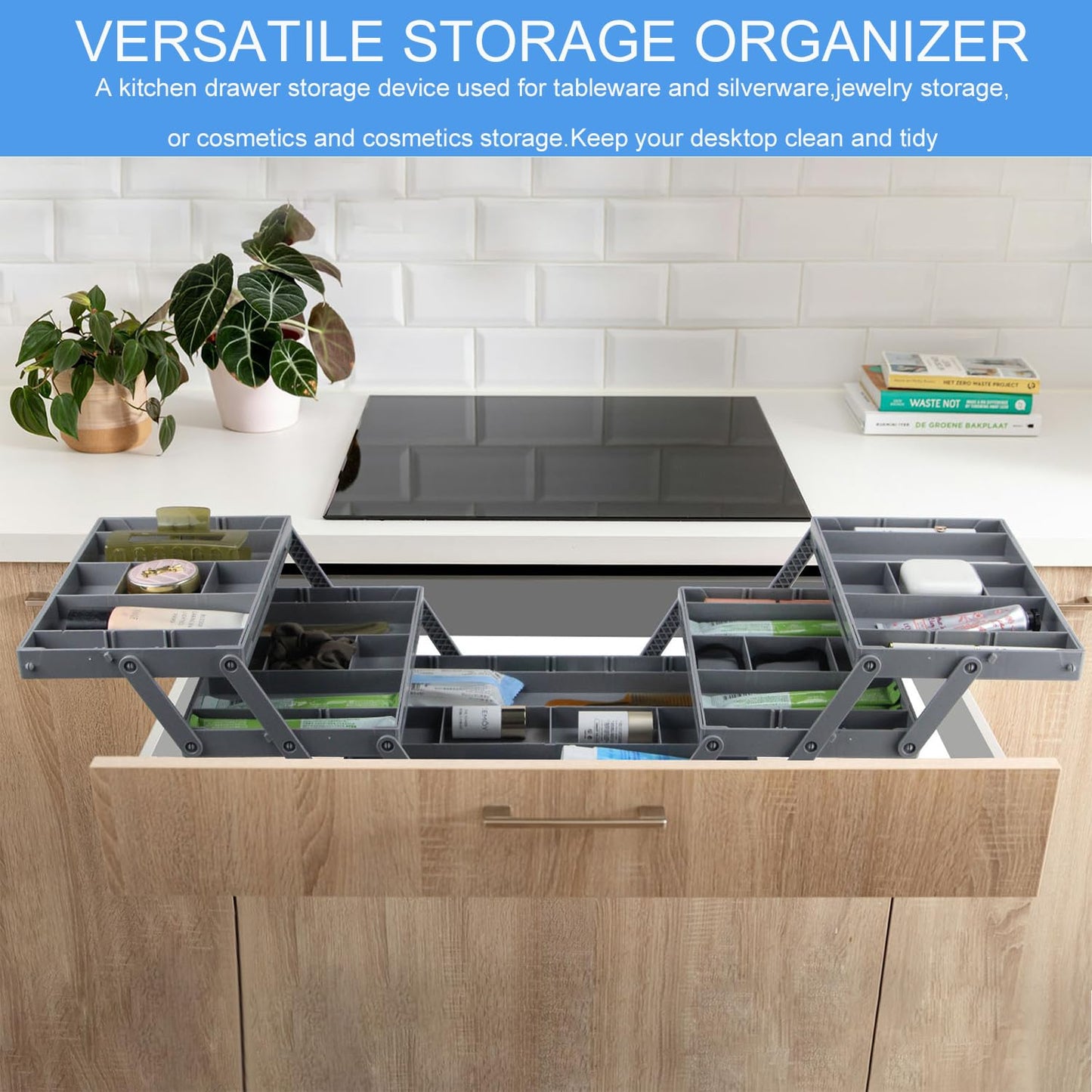 2 Tier Drawer Organiser,Smart Drawer Organizer Multi Level,Folding Shallow Drawer Organizers,Adjustable Expandable Drawer Organizer Trays For Office Gadgets,Makeup,Vanity, Jewelry,Cutlery(Single Row)