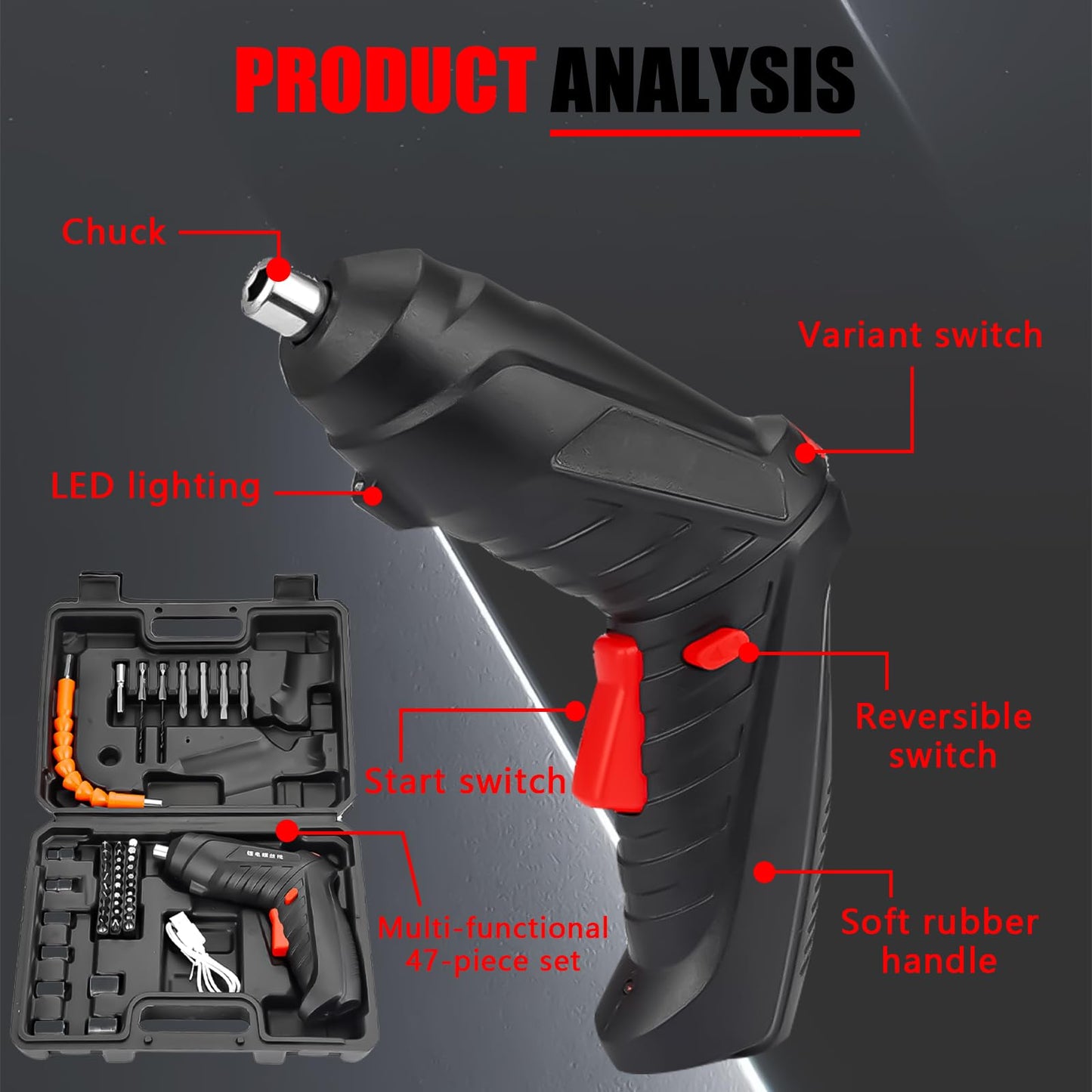 4.2 V Cordless Screwdriver, 3.5 Nm Small Cordless Screwdriver Set with 47-Piece Accessories (LED Light, USB Charging Cable and Case), Mini Electric Battery Screwdriver, Black Battery Drill for Screws,