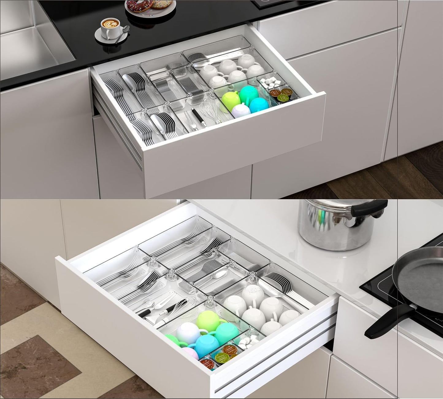 Xpandio Clear Plastic Drawer Organizers Set, 4 different size Versatile Bathroom and Vanity Drawer Organizer Trays, Storage Bins for Makeup, Bedroom, Kitchen Gadgets Utensils and Office (4 PC SET NEW)