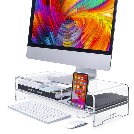 Clear Acrylic Monitor Stand Riser with 2 Tiers and Phone Holder, 50.8 x 20.3 x 11.4 cm Desktop Organizer Shelf for Laptop Printer or Screen, Ergonomic Display Stand for Home or Office