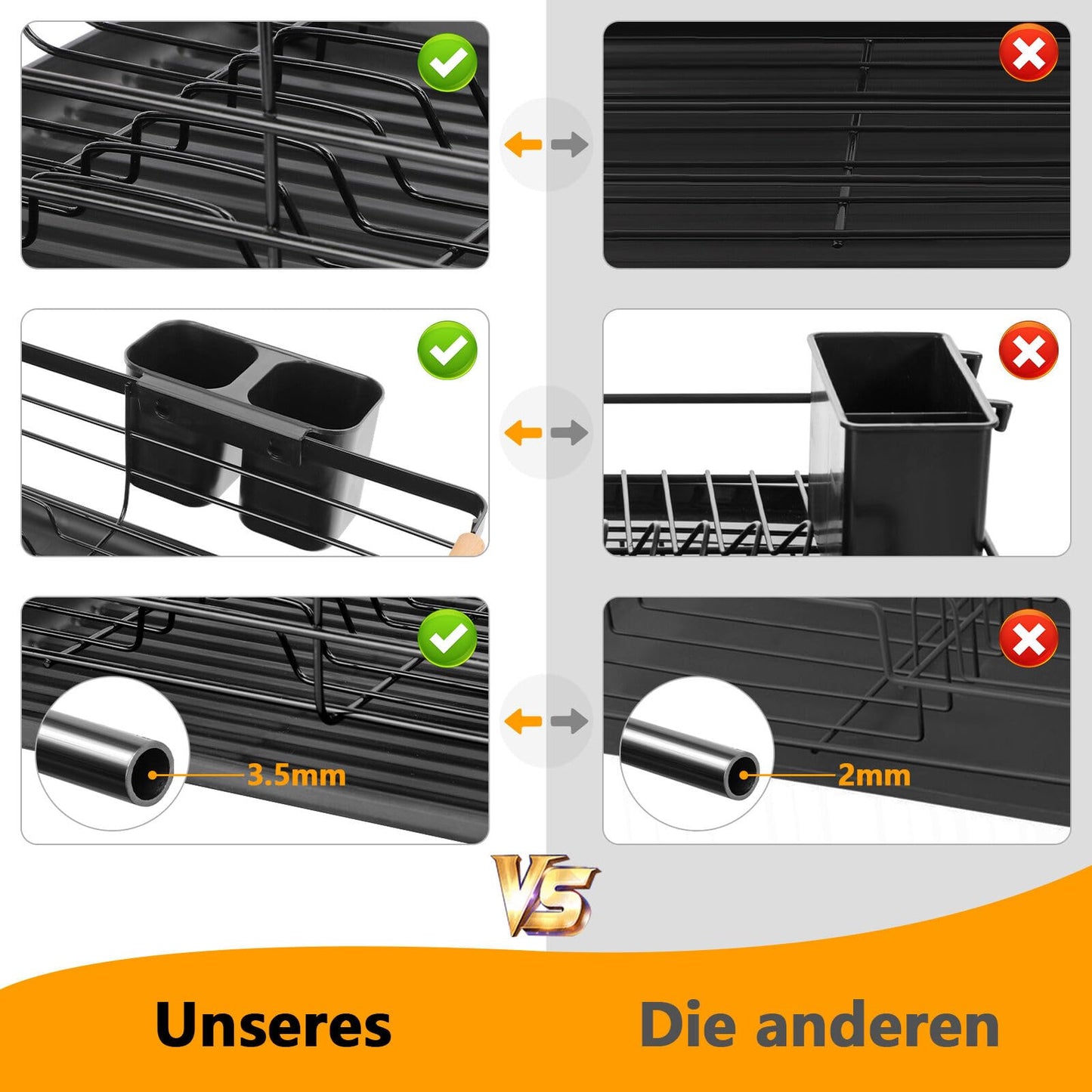 KingSaid Dish Drainer Black Matt Metal Dish Rack for Sink with Cutlery Holder and Plastic Drip Tray, Stainless Steel Dish Rack for Sink (42 x 32.5 x 14 cm)