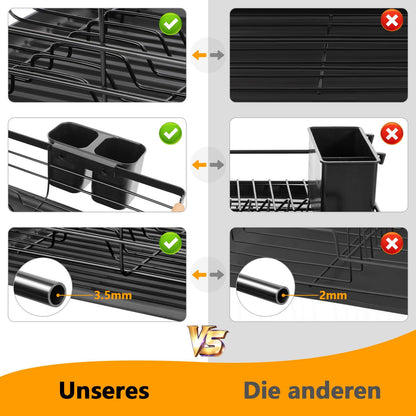 KingSaid Dish Drainer Black Matt Metal Dish Rack for Sink with Cutlery Holder and Plastic Drip Tray, Stainless Steel Dish Rack for Sink (42 x 32.5 x 14 cm)