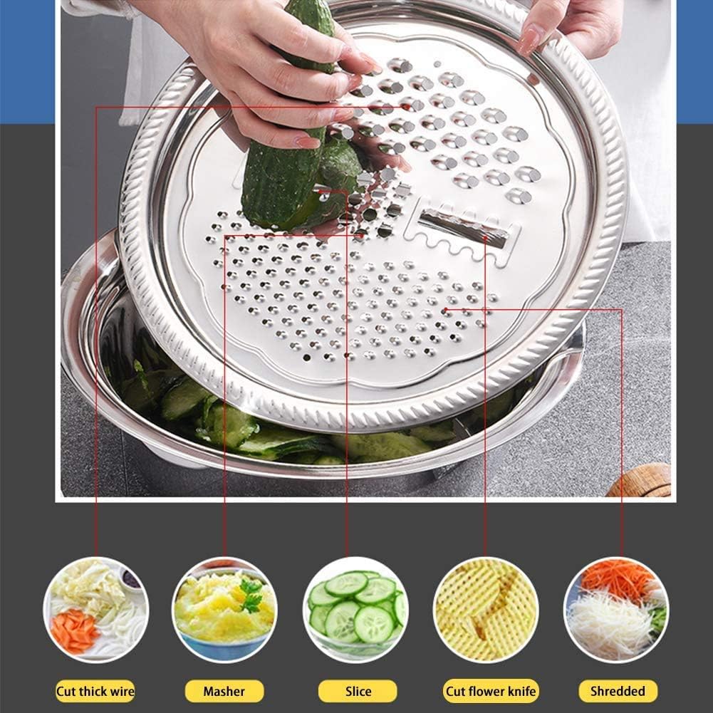 2020 New Multifunctional Stainless Steel Basin with Grater 3 in 1 Vegetable Cutter Julienne Grater with Drain Basket Vegetable Fruits Washing Bowl Strainer Set