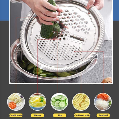2020 New Multifunctional Stainless Steel Basin with Grater 3 in 1 Vegetable Cutter Julienne Grater with Drain Basket Vegetable Fruits Washing Bowl Strainer Set