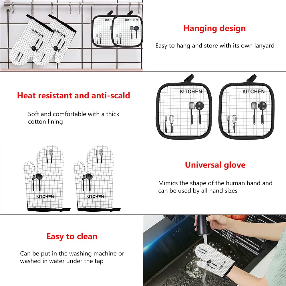 DECARETA Oven Gloves and Pot Holders Set,2 Pcs Heat Resistant Oven Mitts with 2 Pcs Pot Holders,for Cooking Baking BBQ Grill Barbecue Microwave