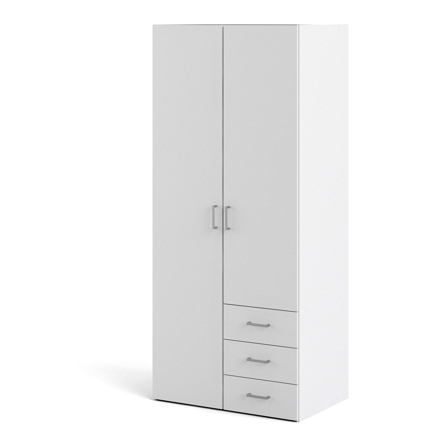 Space Wardrobe with 2 Doors and 3 Drawers in White, Wood Armoire with Hanging Rail and Shelves, Large Bedroom Storage Cabinet, Combination Closet