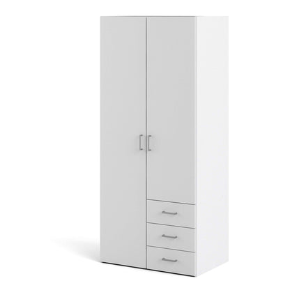 Space Wardrobe with 2 Doors and 3 Drawers in White, Wood Armoire with Hanging Rail and Shelves, Large Bedroom Storage Cabinet, Combination Closet