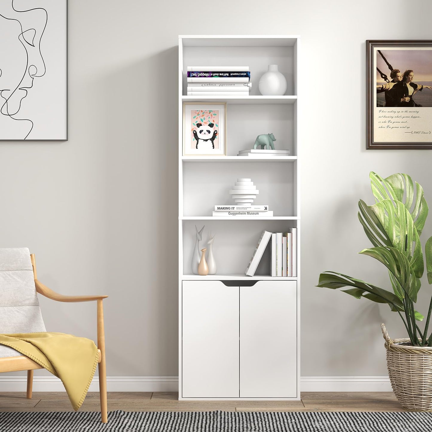 6 Tier Bookcase with 2 Doors in White, Wooden Cube Shelves, Tall Bookshelf Storage Cupboard, Soild Wood Organizer Display Free Standing Unit for Living Room