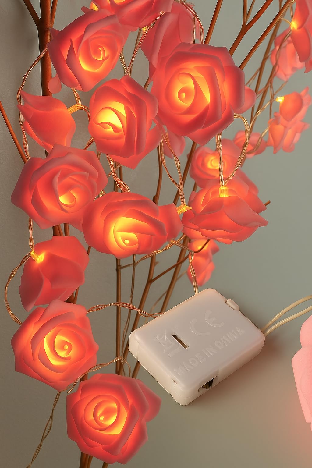 فرع ورد بينك مضيء (عدد20 لمبه LED) ببطارية – طول 3 متر – إضاءة ورم دافئة – ورد بينك – مناسب للديكور والحفلات وغرف النوم