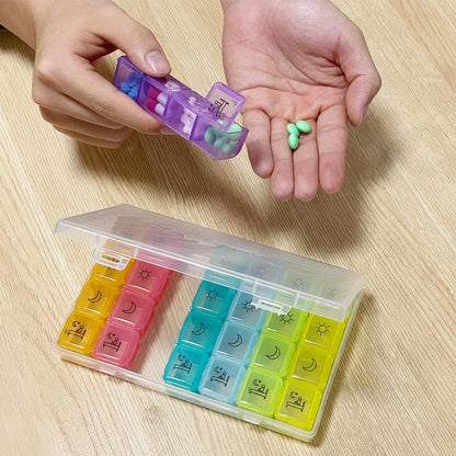 BOJIUSARL Portable Weekly Pill Box 7 Day Pill Boxes with 28 Compartments Morning Noon Evening Night 4 Times Weekly Pill Box Multicolored Medicine Box Vitamins Supplements