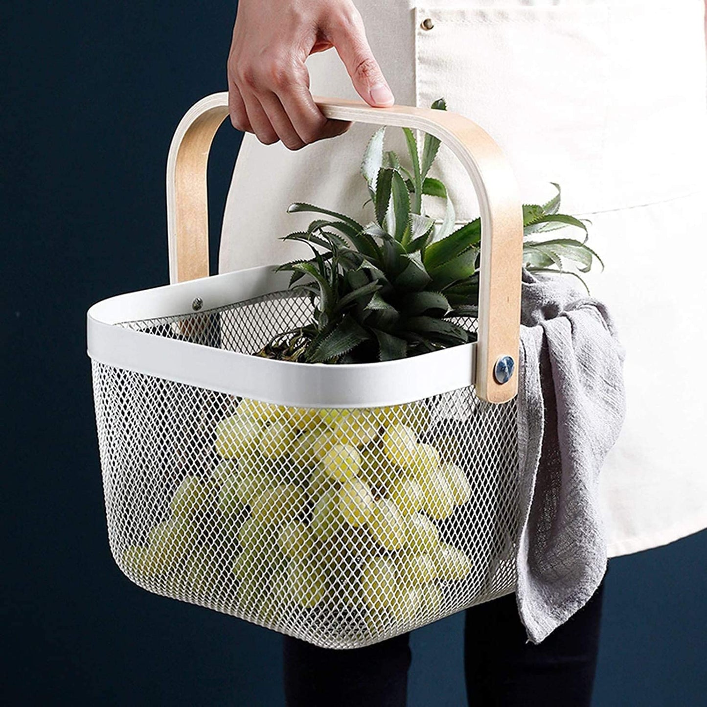 YKXIMS Mesh Steel Storage Organizer Basket, Multi-Functional Metal Wire Hanging Kitchen Baskets Fruit Basket with Bamboo Handle Ideal for Kitchen, Bathroom, Pantry, Cabinet Home, Shopping(PACK OF 1)