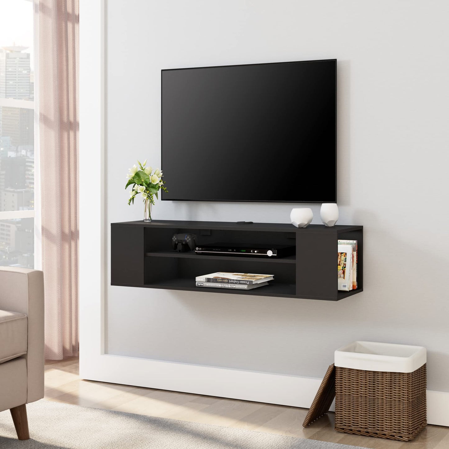 Floating TV Unit Cabinet in Black, WalLMounted TV Shelf with 4 Storages for Living Room, Entertainment Center with Open and Closed Compartments, Modern Design