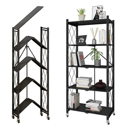 WHIFEA 5 Tier Foldable No Assembly Storage Shelves with Wheels 28.3’’15’’63.2’’ Free Standing Metal Wire Rack Heavy Duty Pantry Collapsible Organizer for Kitchen Bedroom Bathroom Office Black