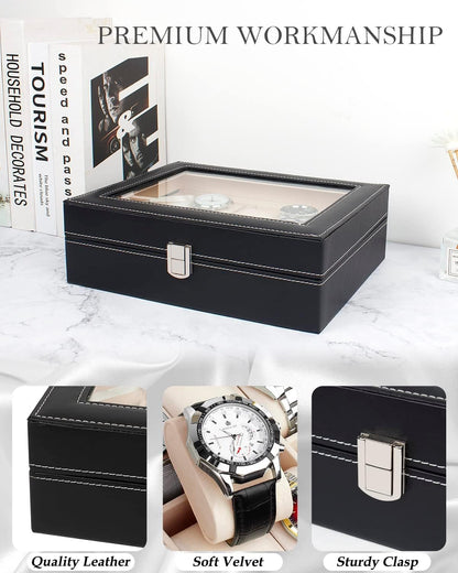 Zephorus 10 Slots Stylish New Watch Box Case Organizer Pu Leather Wrist Watch Display Storage Holder Watch Pillows Gift For Loved Synthetic Leather Jewelry Glass Display Luxury Best Watch Box,Black