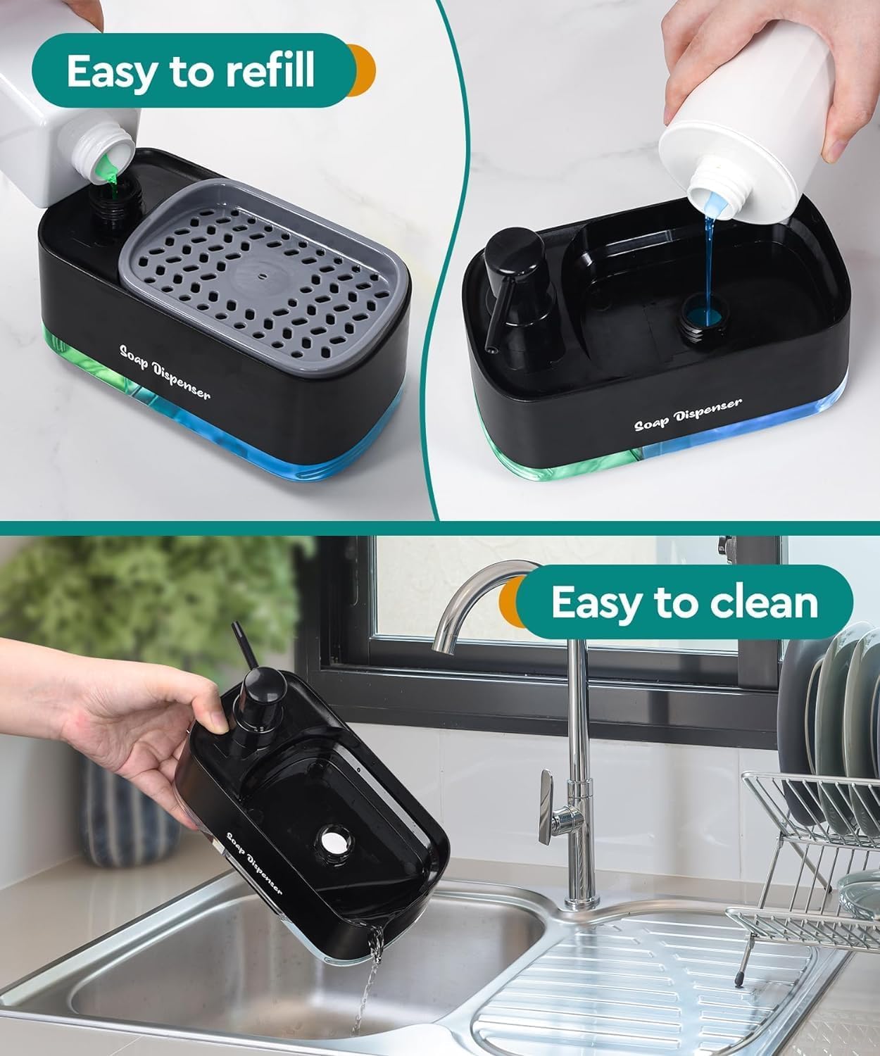 3 in 1 Soap Dispenser with Sponge Holder for Countertop - Non-Slip Dual Pump Refillable Dispenser and Hand Soap for Kitchen Sink, Essential Kitchen Tools (black)