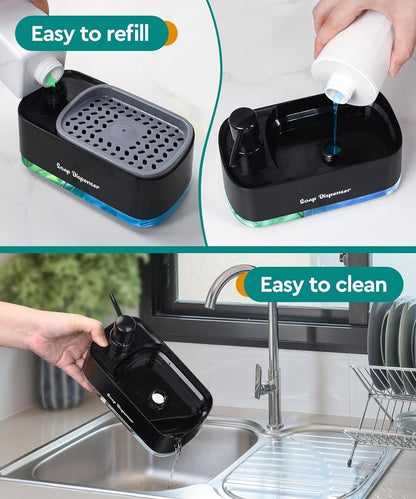 3 in 1 Soap Dispenser with Sponge Holder for Countertop - Non-Slip Dual Pump Refillable Dispenser and Hand Soap for Kitchen Sink, Essential Kitchen Tools (black)