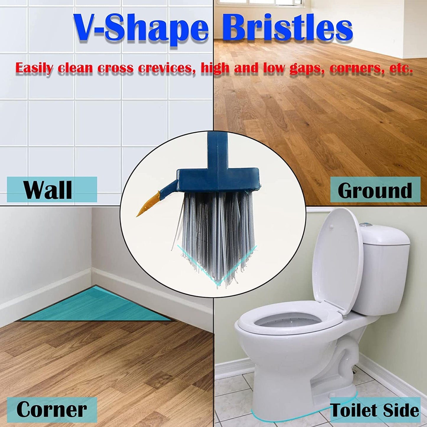 Epsilon Bathroom Cleaning Brush with Long Handle 120° Adjustable Tiles Floor Cleaner V Shaped Bristle with Wiper for Wall Bathroom Kitchen Accessories Items Cleaning Supplies (CB1)