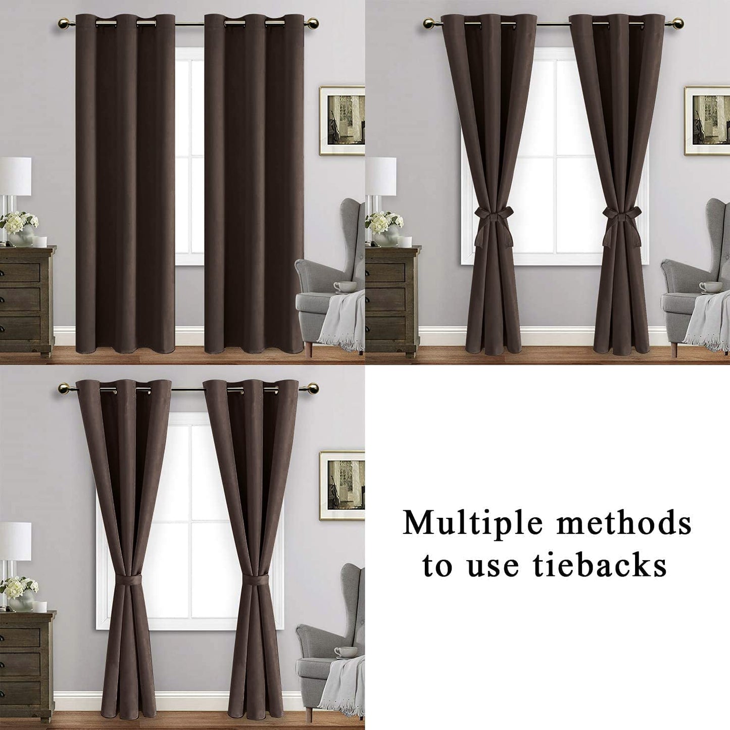 Blackout Curtains with Tiebacks - Thermal Insulated, Light Blocking and Noise Reducing Grommet Curtain Drapes for Bedroom and Living Room, Set of 2 Panels,