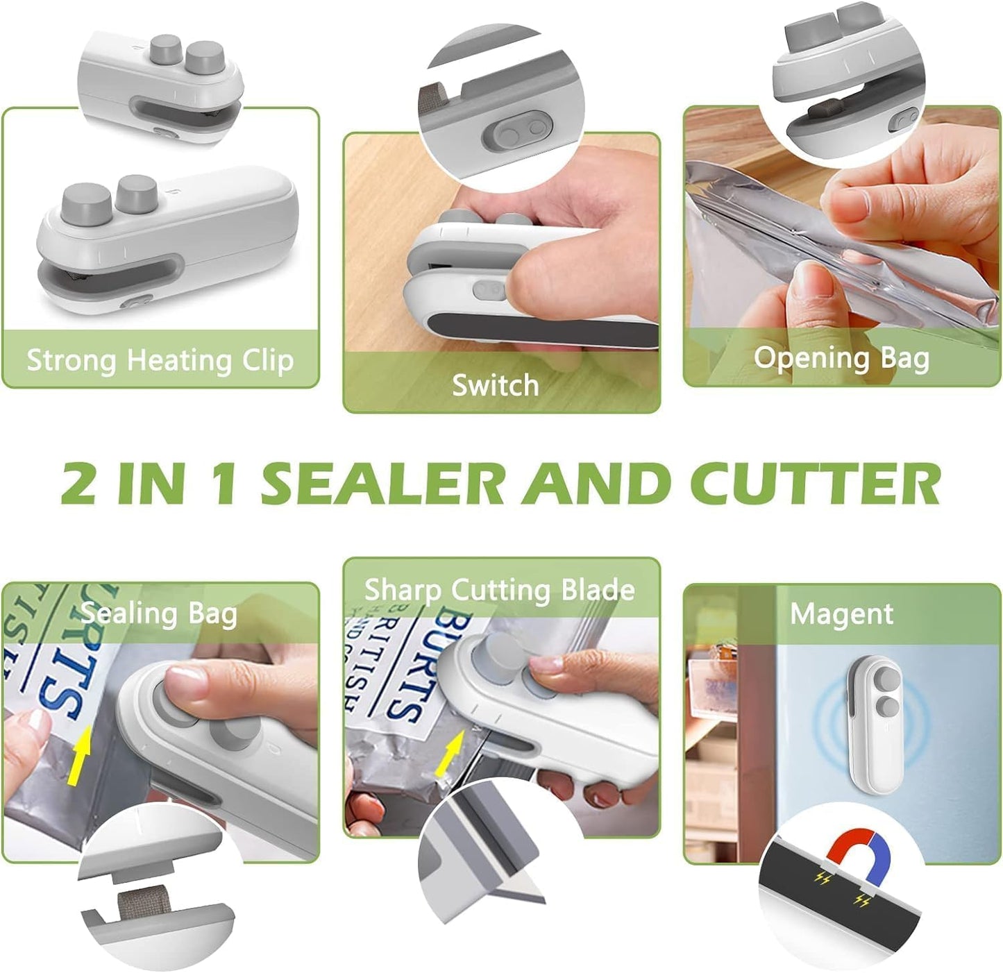 AMENDAS 2 in 1 USB Rechargeable Magnetic Heat Sealing & Cutting Machine For Plastic Packing Bag Sealer Mini For Food, Snack, Chips, Plastic Bags Portable Cover Sealing Machine (Multicolor)