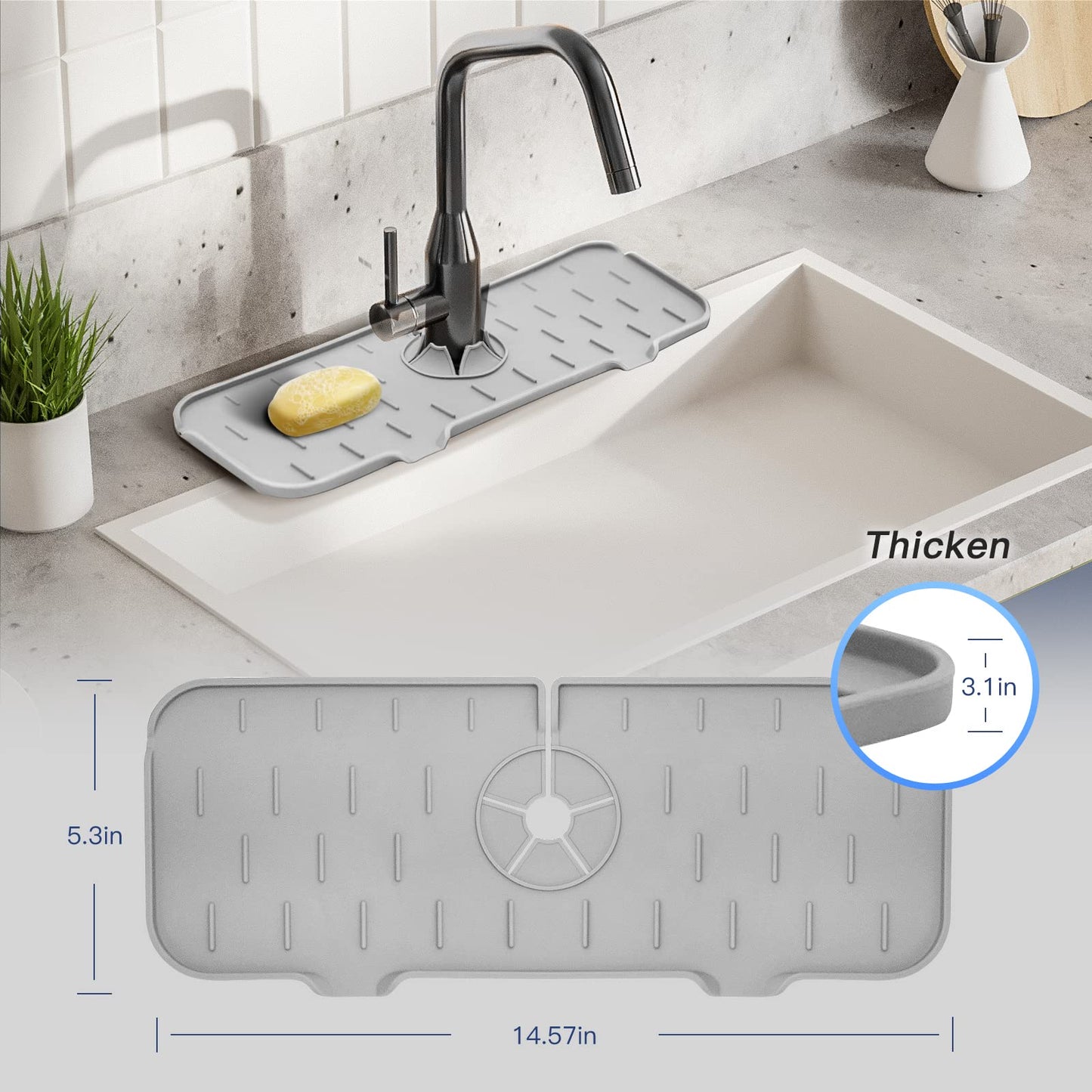 WINALLO Silicone Faucet Mat for Kitchen Sink Splash Guard Silicone Faucet Handle Drip Catcher Tray Sink Protector Pad for Countertop Kitchen Sink Bathroom Bar, Light Gray