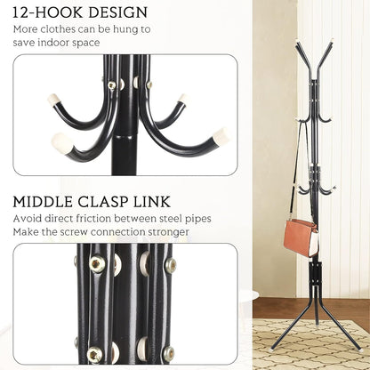 Bolivia's Coat Rack Stand, Metal Coat Hat Hanger Organizer Rack with 12 Hooks, Coat Tree, Free Standing Coat Rack for Clothes, Jackets, Hats, Purses, Bags, Keys, Umbrella (Black)