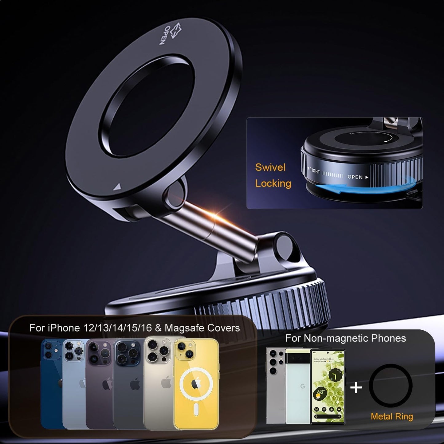 Upgraded Vacuum Suction Phone Holder | 360° Rotating Adjustable and Foldable Vacuum Magnetic Phone Holder with Strong Suction Cup for Car, Home & Travel | Car Mount Compatible with iPhone Android