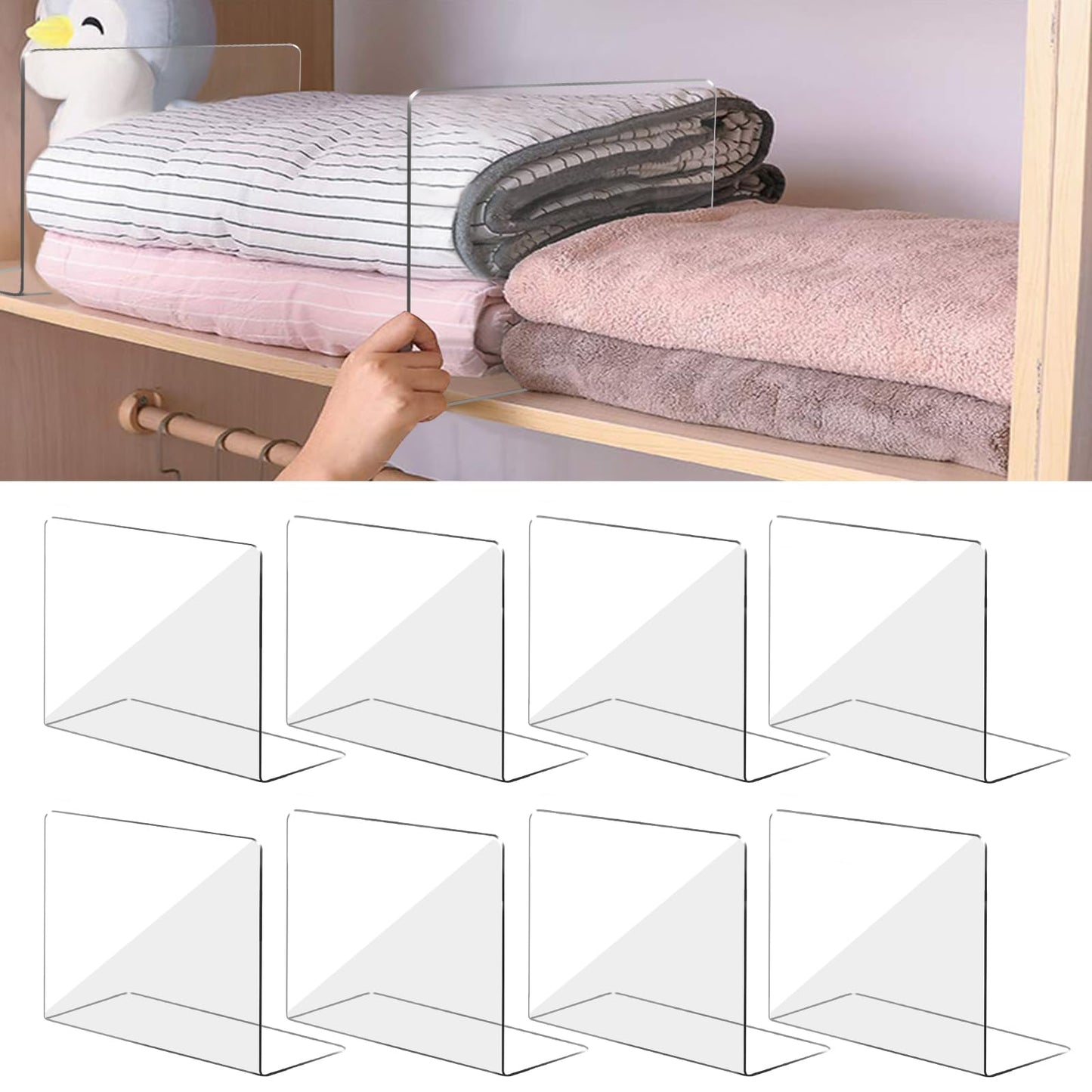 Clear Acrylic Shelf Dividers for Closet Organization 8 Pack, Heavy-Duty, Adjustable Separators for Clothing, Purses & Linens, for Bedroom & Wardrobe