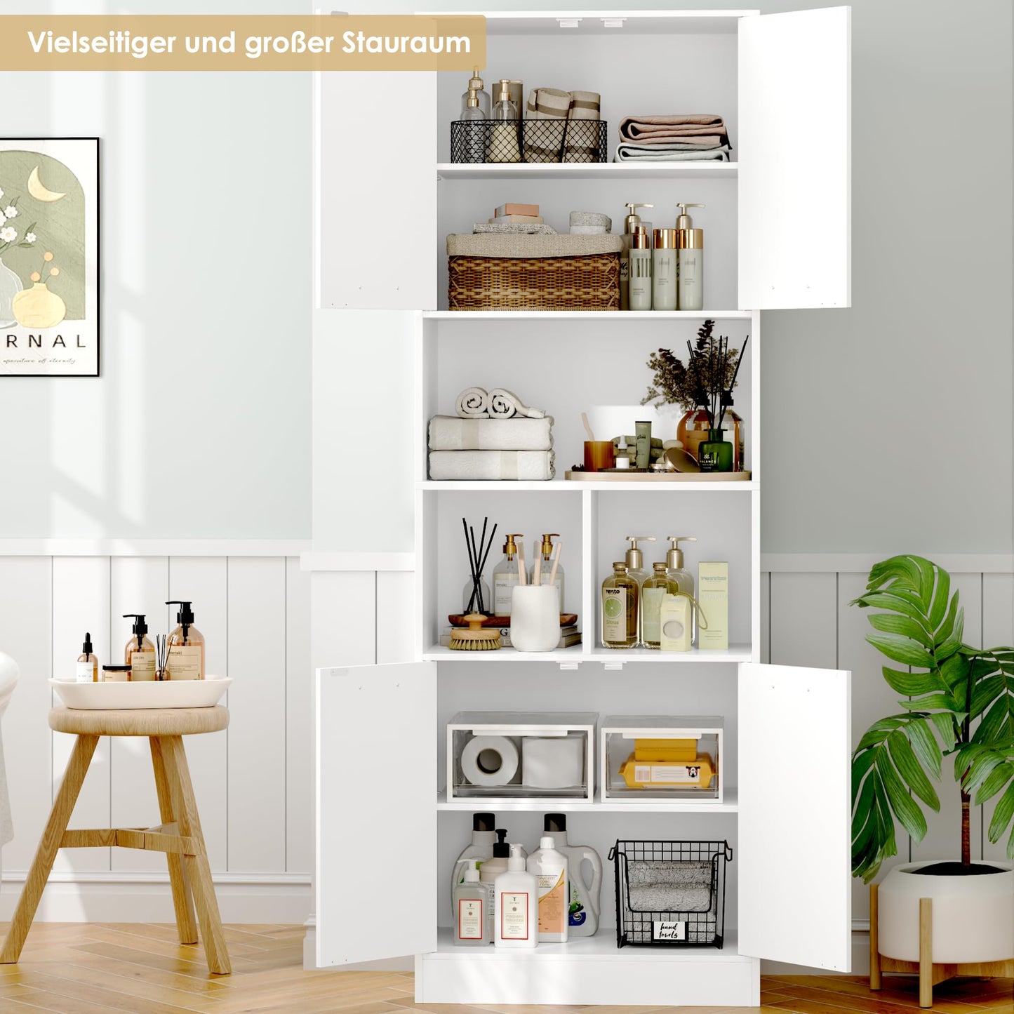 Bookcase with 4 Doors in White, 180.5cm Bookshelf with Living Room Storage, Free Standing Cupboard for Home Office, Large Capacity Cabinet (180.5x60x40cm)