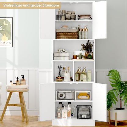 Bookcase with 4 Doors in White, 180.5cm Bookshelf with Living Room Storage, Free Standing Cupboard for Home Office, Large Capacity Cabinet (180.5x60x40cm)