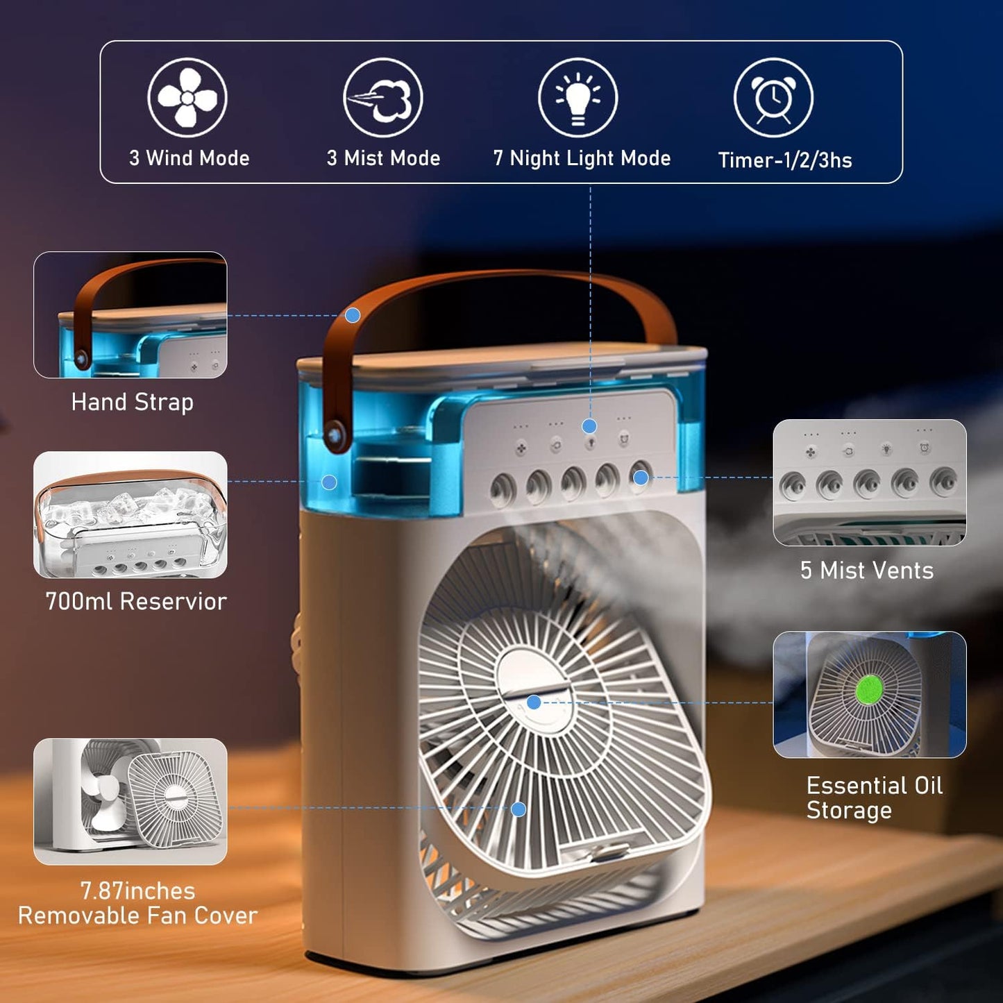 UNUSROOM Mini Air Conditioners,Portable Air Cooler?700ml Evaporative Air Cooler 3 Speeds,USB Personal Air Conditioner with 7 LED Light?1-3H Timer Portable AC Cooling Fan for car Home Office Room