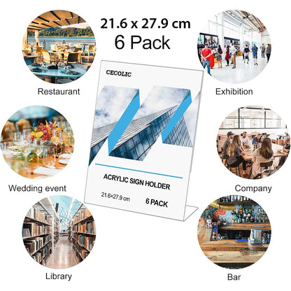 Acrylic Sign Holder, 6-Pack Clear Slant Back Display Stands, 21.6 x 27.9 cm Holders for Menus, Flyers, Documents, Papers and Photos, Suitable for Office, Desktop, Counter and Event Use