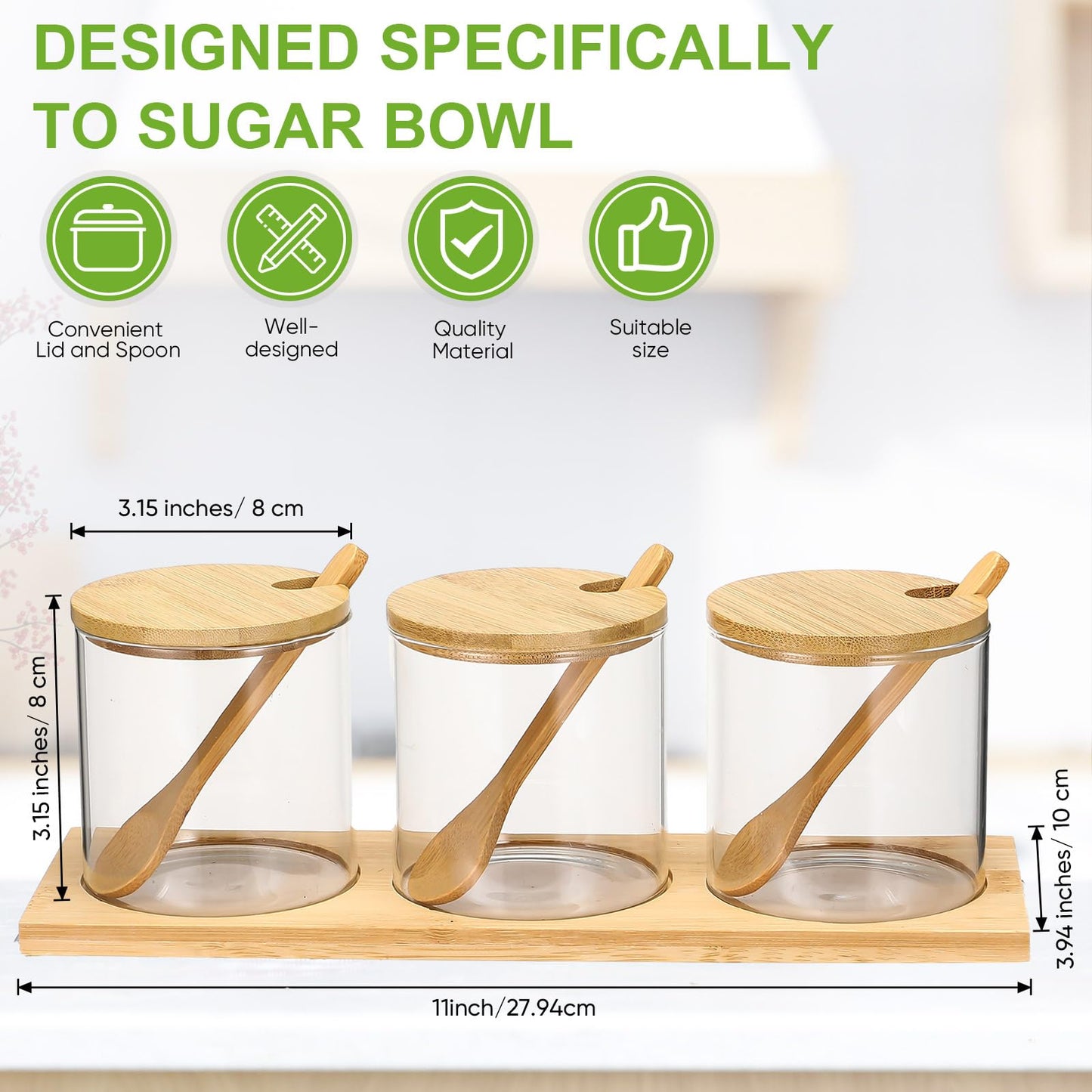 Baderke 3 Pcs Condiment Jars, 300 ml / 10 oz Glass Container Box with Bamboo Spoon Lid and Base Clear Seasoning Box Adorable Condiment Pots Spice Containers for Sugar Pepper Cruet