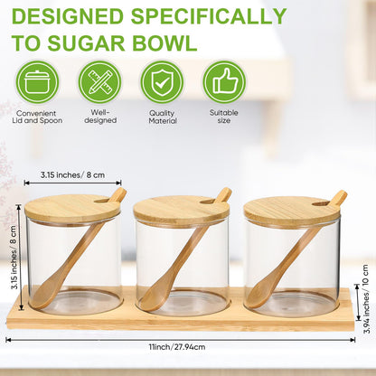 Baderke 3 Pcs Condiment Jars, 300 ml / 10 oz Glass Container Box with Bamboo Spoon Lid and Base Clear Seasoning Box Adorable Condiment Pots Spice Containers for Sugar Pepper Cruet