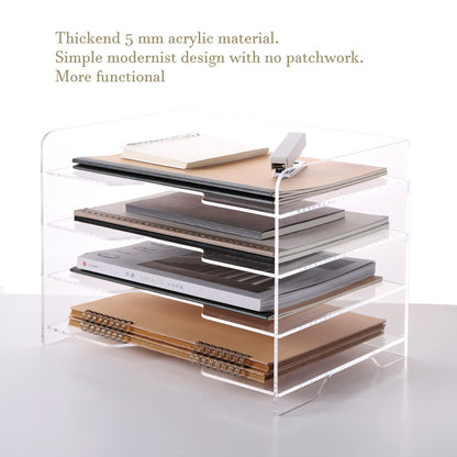 Acrylic Paper Organizer Tray, 4-Tier Clear File Storage Rack for Desk, Enlarged Letter Trays for Office Supplies, Suitable for Organizing Documents, Folders and Accessories, Clear