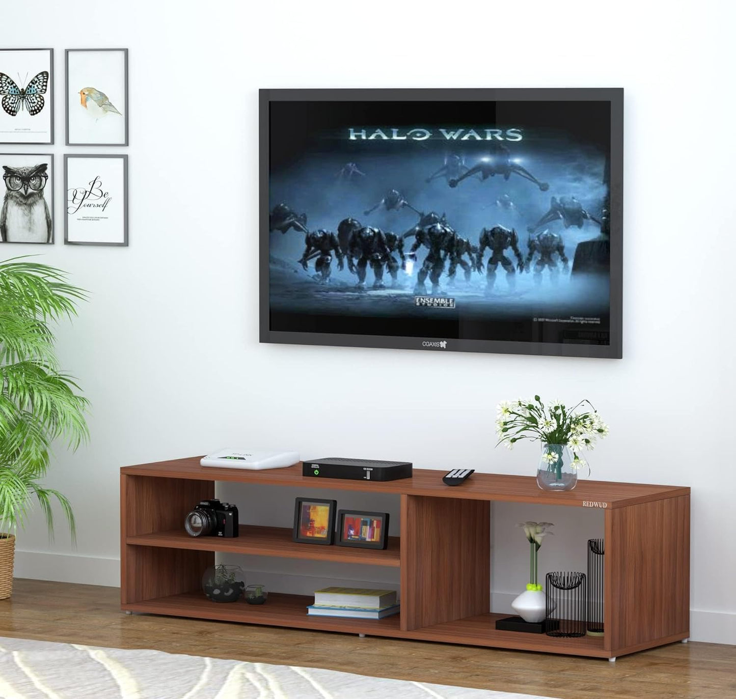 Geometric TV Bookcase Entertainment Unit,Wood TV Cabinet Stand Table for Screens Up to 132.1 cm, Display Rack for Devices in a Rich Brown Walnut Finish for Any Room