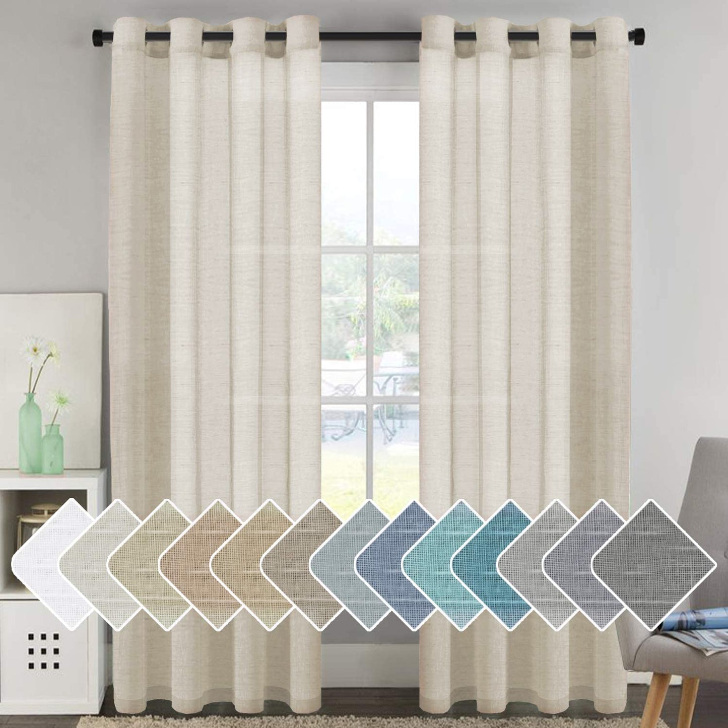 INtex Curtains Semi-Transparent Natural Linen Curtains with Elegant Sheer Fabric and Steel Grommets - 1 Piece 200W x 230L CM Dark gery