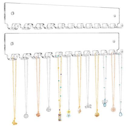 Wall Mounted Acrylic Necklace Holder Set, 2-Piece Hanging Jewelry Organizer with 12 Hooks Each, Perfect for Necklaces, Bracelets, Rings and Bangles Display, Space-Saving Storage, Clear