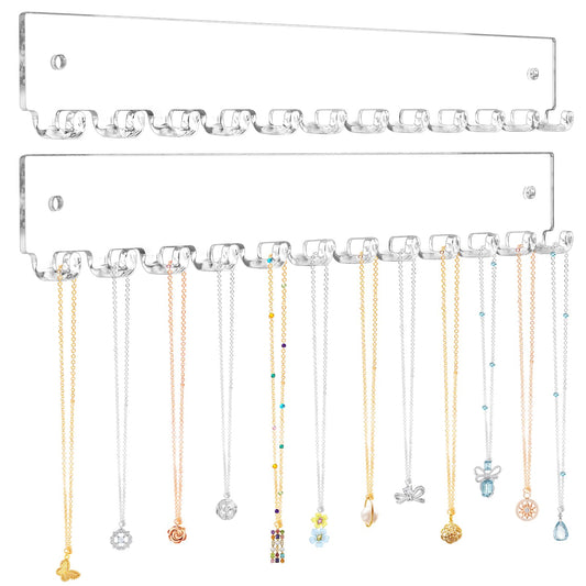 Wall Mounted Acrylic Necklace Holder Set, 2-Piece Hanging Jewelry Organizer with 12 Hooks Each, Perfect for Necklaces, Bracelets, Rings and Bangles Display, Space-Saving Storage, Clear