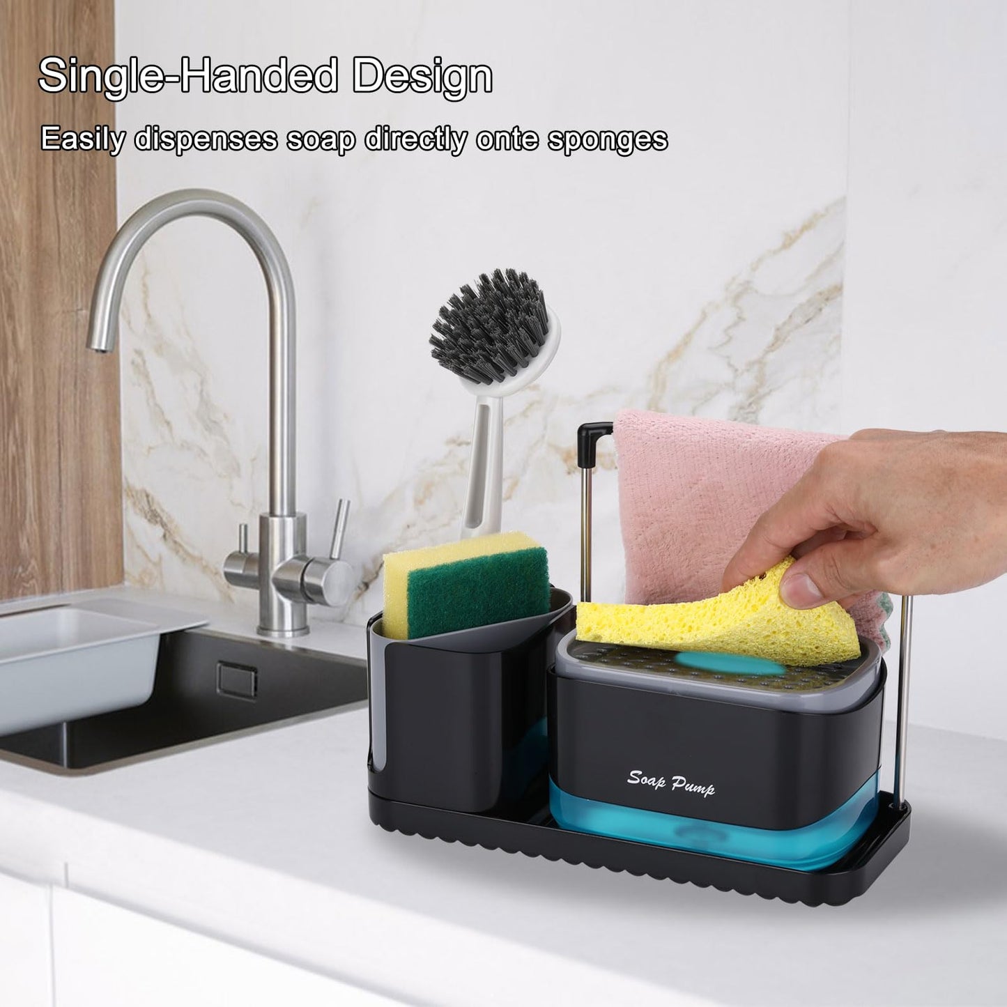 GINZER Dish Soap Dispenser with Tray for Kitchen Sink, Countertop Storage Organizer with Dishcloth Rack,Brush and Sponge Holder