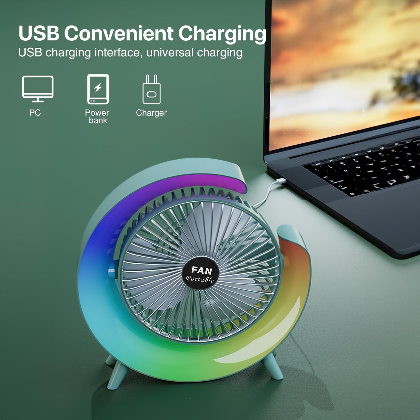 S SUNSBELL Fans and Table Lamp, 360° Rotatable Desk Fans, 3 Speeds Adjustable Table Fan with Ambient Light, 1800mah Rechargeable Travel Fan Colorful Night Lights for Bedroom Home Office Outdoor