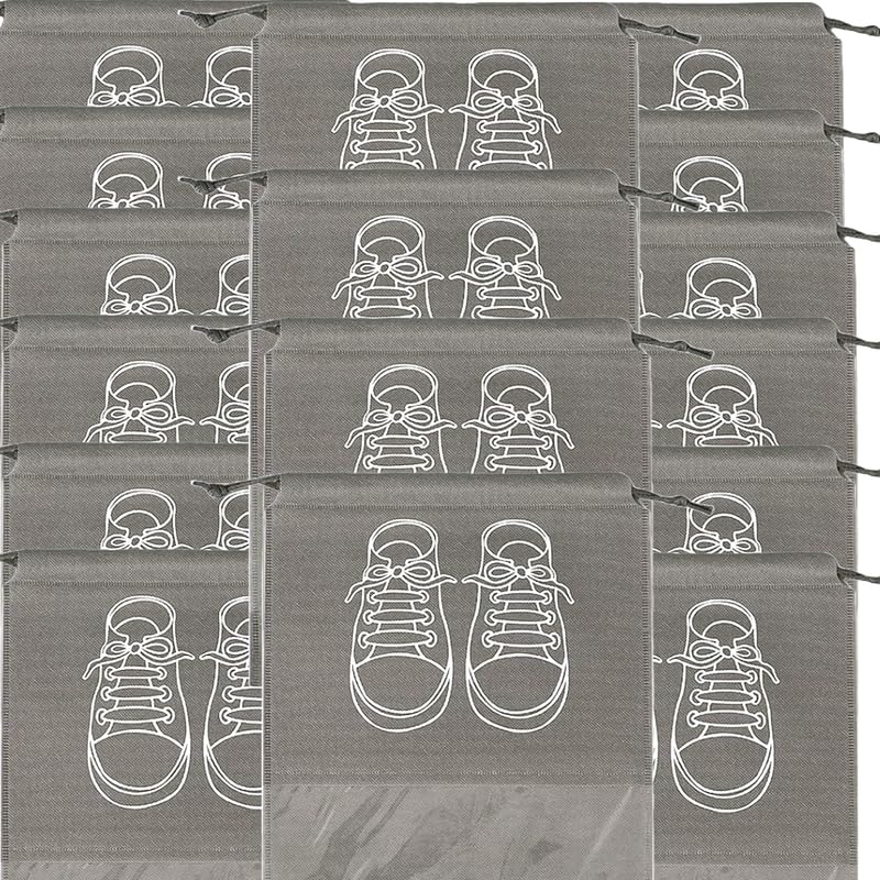 حقائب تخزين أحذية كبيرة، حقائب أحذية مقاومة للغبار برباط مع نافذة شفافة، منظم سفر مقاوم للماء، حقائب أحذية محمولة - رمادي