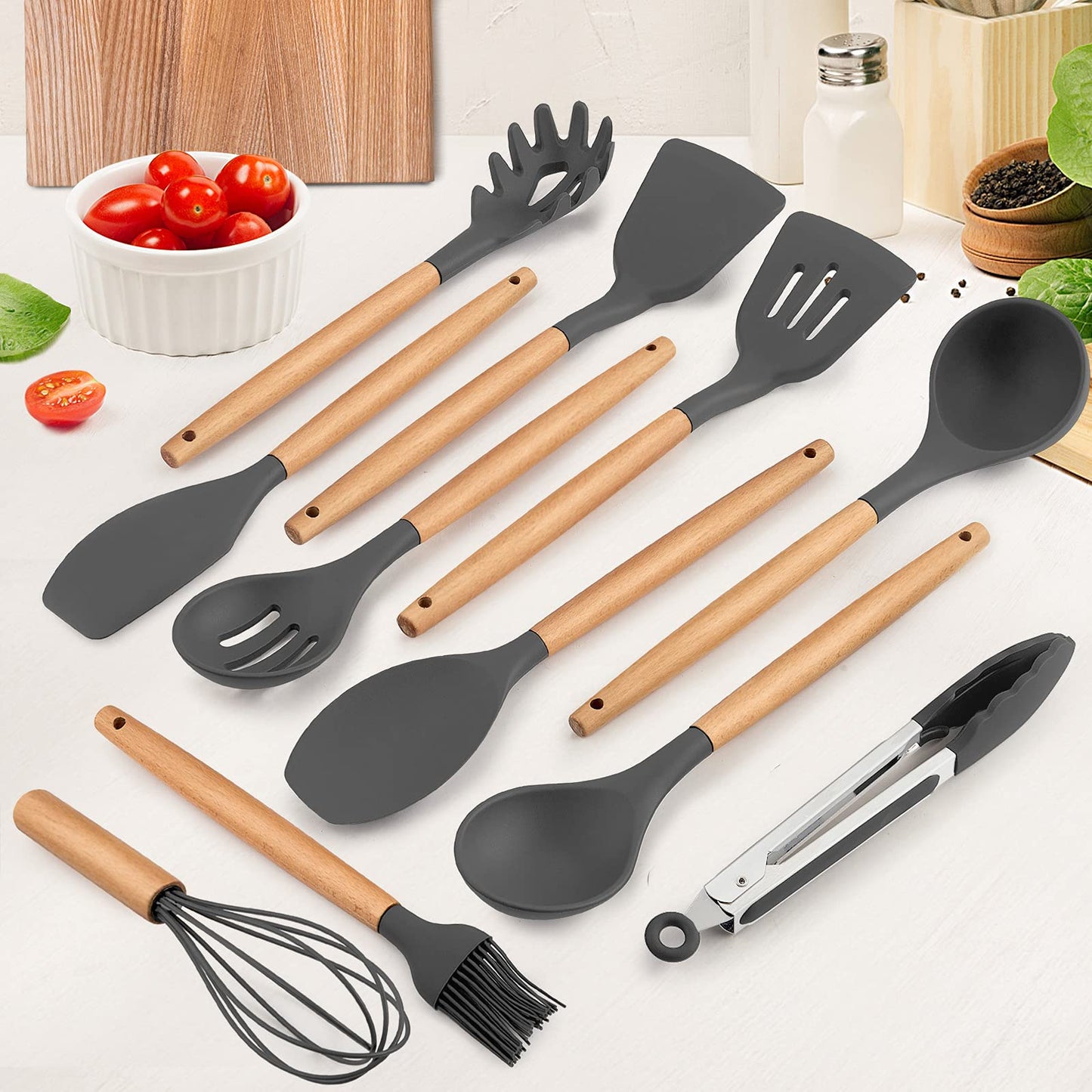 E-far Kitchen Utensils Set of 12, E-far Silicone Cooking Utensils with Holder, Non-stick Cookware Friendly & Heat Resistant, Includes Spatula Tong Whisk Ladle Brush Slotted Turner Spoon(Gray)
